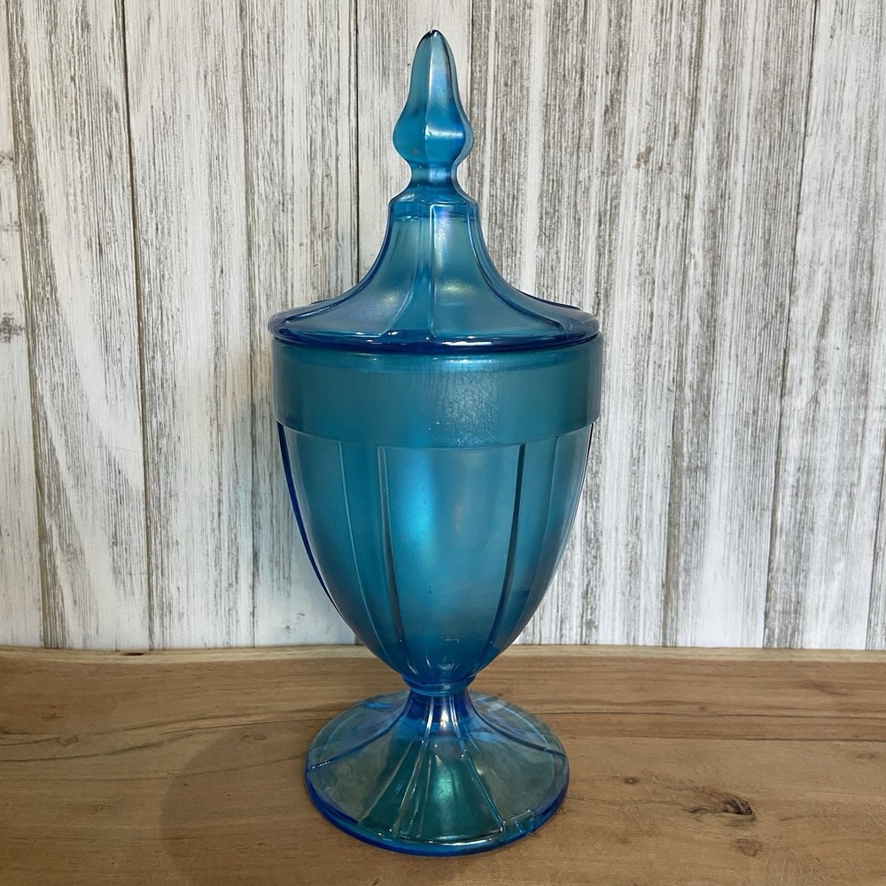 VINTAGE CELESTE BLUE IRIDESCENT STRETCH GLASS COVERED CANDY JAR FENTON??